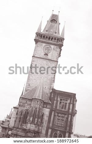 Old Town Hall Clock Tower, Old Town Square; Prague; Czech Republic; Europe in Black and White Sepia Tone