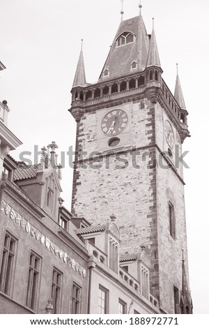 Old Town Hall Clock Tower, Old Town Square; Prague; Czech Republic; Europe in Black and White Sepia Tone