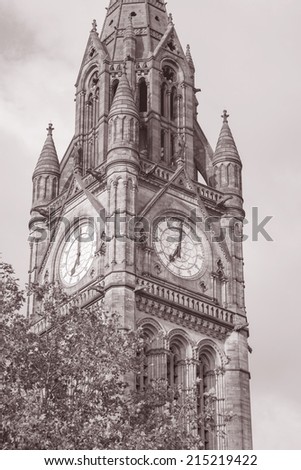 Town Hall, Manchester by Waterhouse (1877), England, UK in Black and White Sepia Tone