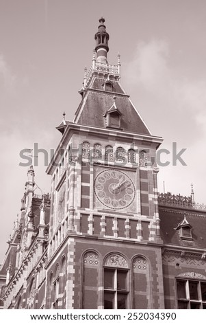 Facade of Central Station, Amsterdam, Holland, Netherlands in Black and White Sepia Tone