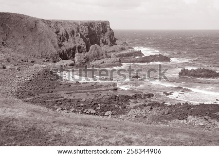 Giants Causeway Coast, County; Antrim; Northern Ireland in Black and White Sepia Tone