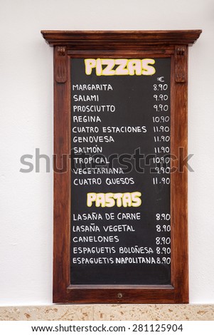 Spanish Pizza and Pasta Menus against White Wall