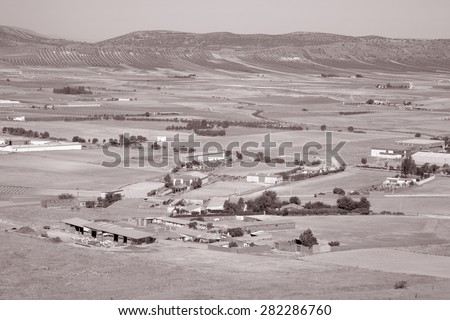 View from Consuegra; Toledo, Castilla La Mancha; Spain in Black and White Sepia Tone