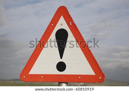 Exclamation Mark on Road Sign in Rural Area