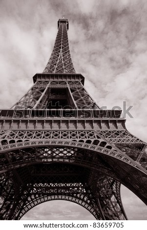 Eiffel Tower in Black and White Sepia Tone with Heart Shape in Clouded Sky in Paris, France