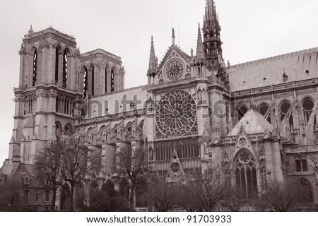 Notre Dame Cathedral in Black and White Sepia Tone in Paris, France