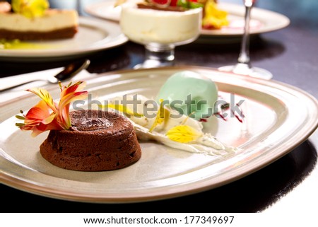Molten lava cake with vanilla and mint icecream