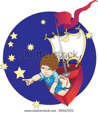 Little boy dreaming of floating in the sky in his toy sail boat, catching stars.