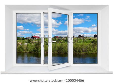 White plastic triple door window with tranquil view through glass. Isolated on white background. Opened door