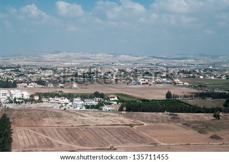 Top view of Cypriot settlements near big city in Cyprus island