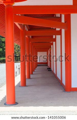 Orange corridor of inner wall main building for ceremonies Shishinden in the Imperial Palace in Kyoto, Japan