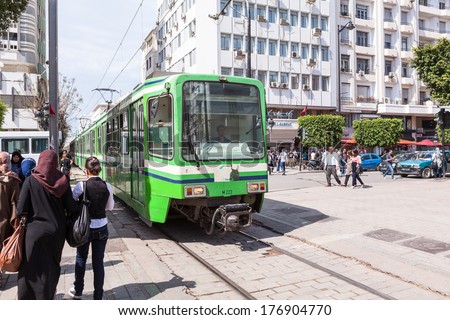 TUNIS CITY, TUNISIA - CIRCA MAY, 2012: City tramway is in the city. Public transport in the paramilitary capital