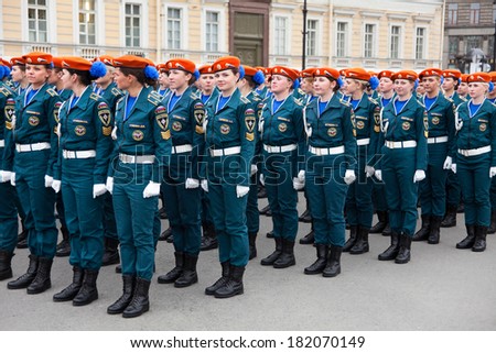SAINT-PETERSBURG, RUSSIA - CIRCA MAY, 2011: Russian Ministry of Emergency Situations, female platoon. Rehearsal on May 9, Victory Day. Palace Square