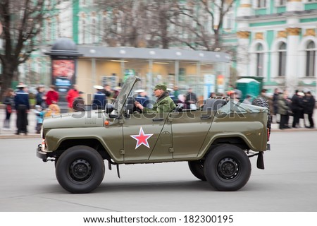 SAINT-PETERSBURG, RUSSIA - CIRCA MAY, 2011: Military car for higher ranks officers is at the rehearsal of parade on May 9 in Victory Day.