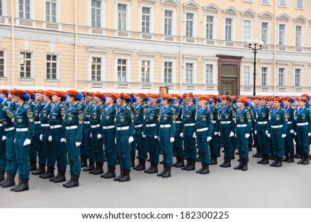 SAINT-PETERSBURG, RUSSIA - CIRCA MAY, 2011: Women from the Ministry of Emergency Situations stand in line at the parade ground on May 9 in Victory Day.