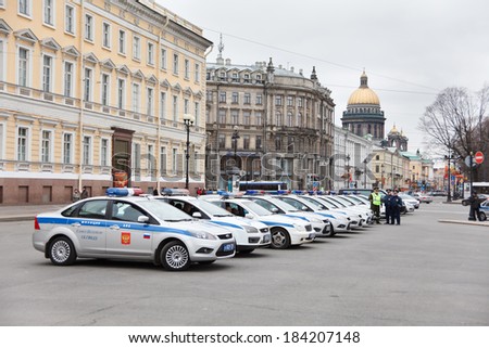 SAINT-PETERSBURG, RUSSIA - CIRCA MAY, 2011: Russian police cars are on the Palace Square in line for protect Victory Day parade.