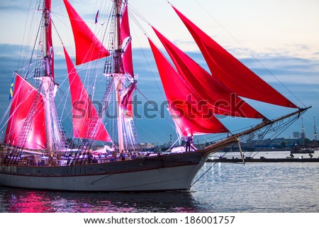 SAINT-PETERSBURG, RUSSIA - CIRCA JUNE, 2013: Close up of sailfish with Scarlet sails is on the Neva river during the White Nights Festival. Vessel is a symbol of the end of school year