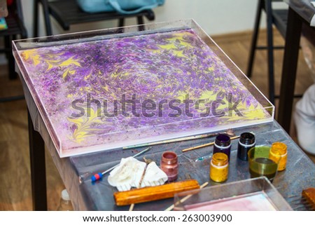 Accessories for ebru drawing on table, water marbling