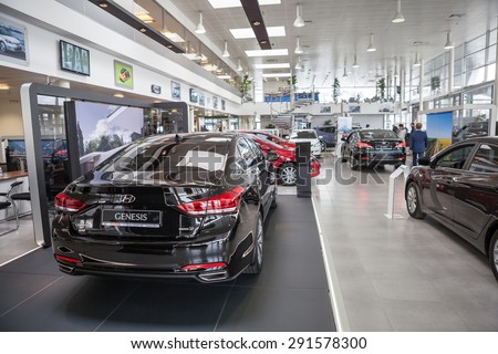 ST. PETERSBURG, RUSSIA - CIRCA APR, 2015: Hyundai Genesis luxury car is in auto dealership showroom. The Rolf Lahta is a official dealer of Hyundai