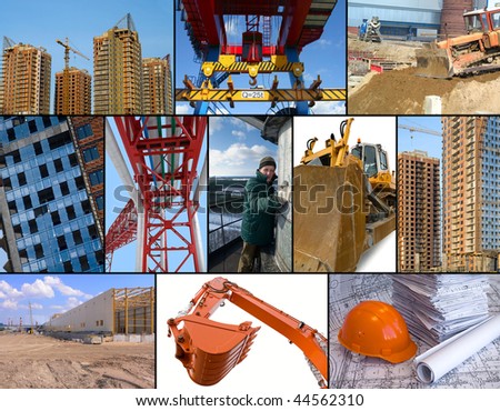 Construction site collage. Photo collage of construction related images around working man