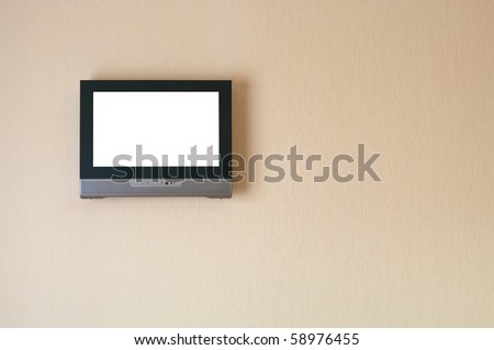 Liquid-crystal television receiver on wall. Isolated white screen. Copy space