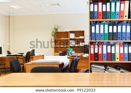 Modern Office Interior With Tables, Chairs And Bookcases. Nobody