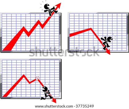 Charts of rising revenues, decreasing revenues and a graph arrow breaking