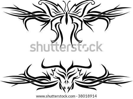 stock photo Butterfly and evil skull tattoos with tribal designs