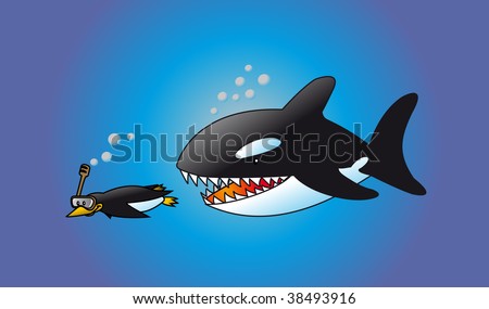 A naive penguin snorkeling while being chased by a hungry killer whale.