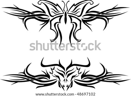 stock vector Butterfly and evil skull tattoos with tribal designs