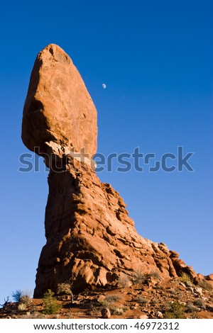 Balancing rock with moon in background, Arches National Park, Utah