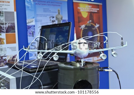MOSCOW-OCT 5: Test Stand model airplane at the international exhibition of testing equipment, systems & technologies for aerospace industry on October 5, 2011 in Moscow
