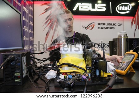 MOSCOW- OCTOBER 7:  CPU cooling with liquid nitrogen at the international exhibition of  the entertainment industry, Igromir on October 7, 2012 in Moscow
