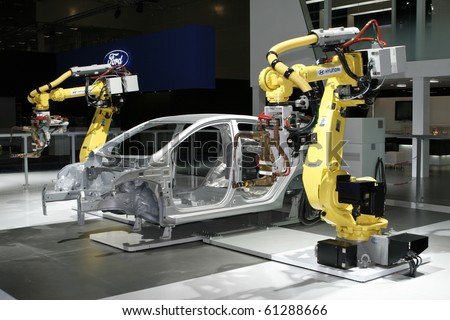 MOSCOW, RUSSIA - AUGUST 27: Hyundai Industrial robots for welding & handling presented at the Moscow International Autosalon on August 27, 2010 in Moscow.
