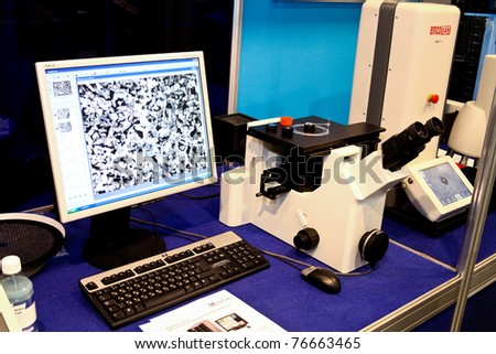 MOSCOW - APRIL 28: Electronic metallographic microscope at the international exhibition of analytical and laboratory equipment in Russia and CIS on April 28, 2011 in Moscow, Russia.