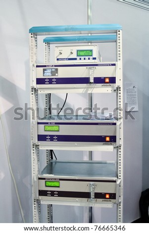 MOSCOW - APRIL 28: Optec rack with gas analyzer devices at the international exhibition of analytical and laboratory equipment in Russia and CIS on April 28, 2011 in Moscow, Russia.