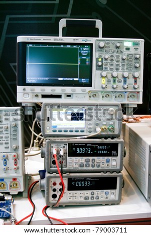 MOSCOW - APRIL 19: Digital oscillograph and signal generator at the international exhibition of  electronic industry ExpoElectronica, ElectronTechExpo, LEDTechExpo on April 19, 2011 in Moscow