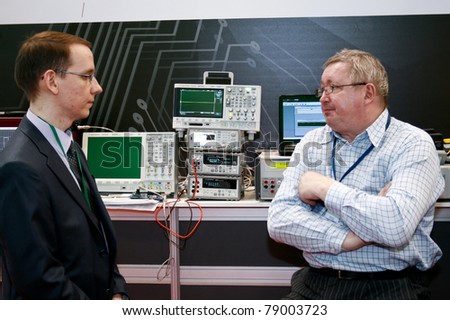 MOSCOW - APRIL 19: Digital oscillograph booth at the international exhibition of  electronic industry ExpoElectronica, ElectronTechExpo, LEDTechExpo on April 19, 2011 in Moscow