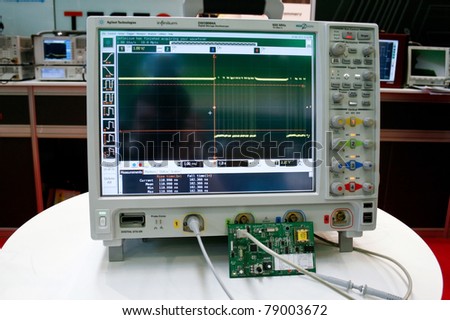 MOSCOW - APRIL 19: Digital oscillograph at the international exhibition of  electronic industry ExpoElectronica, ElectronTechExpo, LEDTechExpo on April 19, 2011 in Moscow