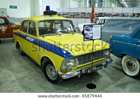 MOSCOW - SEPTEMBER 16: Moskvich 412 police 1967 at the international exhibition of the technical antiques on September 16, 2011 in Moscow, Russia
