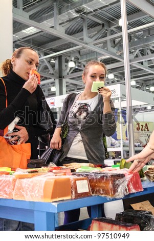 MOSCOW - OCTOBER 26: Sale of fruit soap at the international exhibition of professional cosmetics and beauty salon equipment INTERCHARM on October 26, 2011 in Moscow