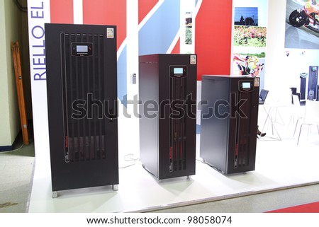 MOSCOW-MAY 11: Telecommunication, server rack at the international exhibition of the telecommunications industry Sviaz-Expocomm on May 11, 2011 in Moscow