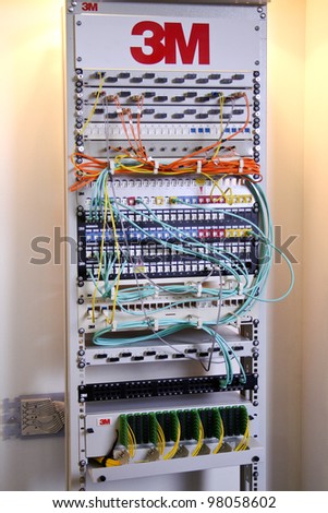 MOSCOW-MAY 11: Telecommunication, server rack at the international exhibition of the telecommunications industry Sviaz-Expocomm on May 11, 2011 in Moscow