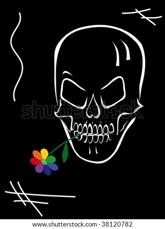 white contour of a human skull on blackground with a flower in a teeth