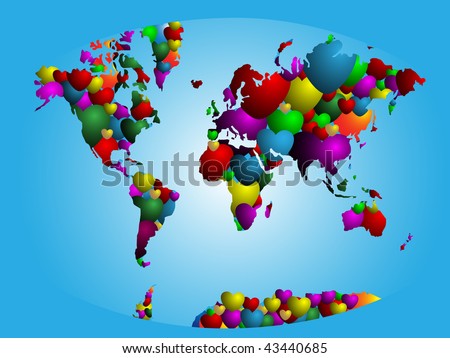World map made of color hearts on blue background