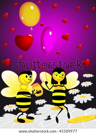 Two enamored bees against flowers and hearts