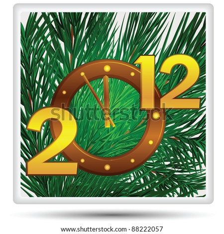 New year\'s date and the clock on the backdrop of the Christmas tree.