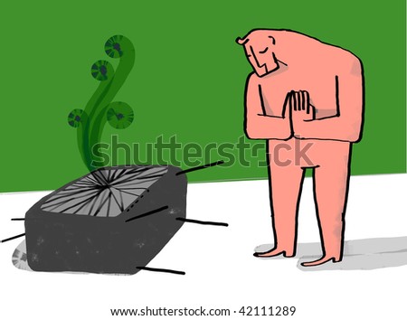 man greets broken television in the ground
