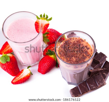 Fresh milk, strawberry and chocolate drink isolated on white background, assorted protein cocktail with fruits.