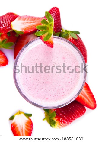 Fresh milk, strawberry drink isolated on white background, assorted protein cocktail with fruits.